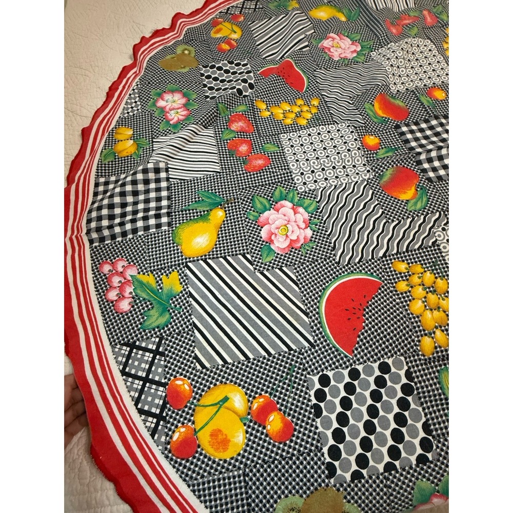 Vintage Round Tablecloth Fruit Floral Patchwork Gingham Retro Red Black Twee